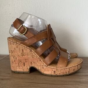 BORN Wedge Platform Sandal Bernese Cage Brown Leather Cork 9 US Buckle Slingback